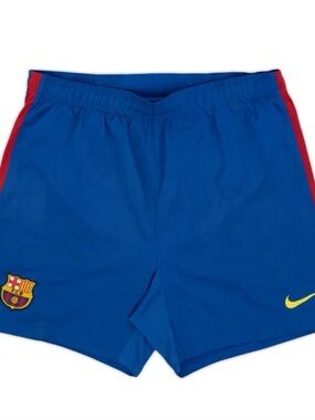 Nike Blue Kids Soccer Shorts with Red Side Stripes and Yellow Swoosh